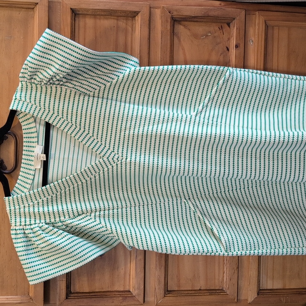 Entro Green and White Striped V-Neck Short Dress